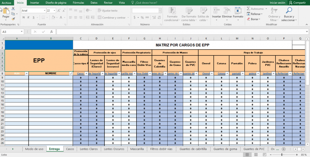 Planillas de Control por Cargo e Inventario de EPP
